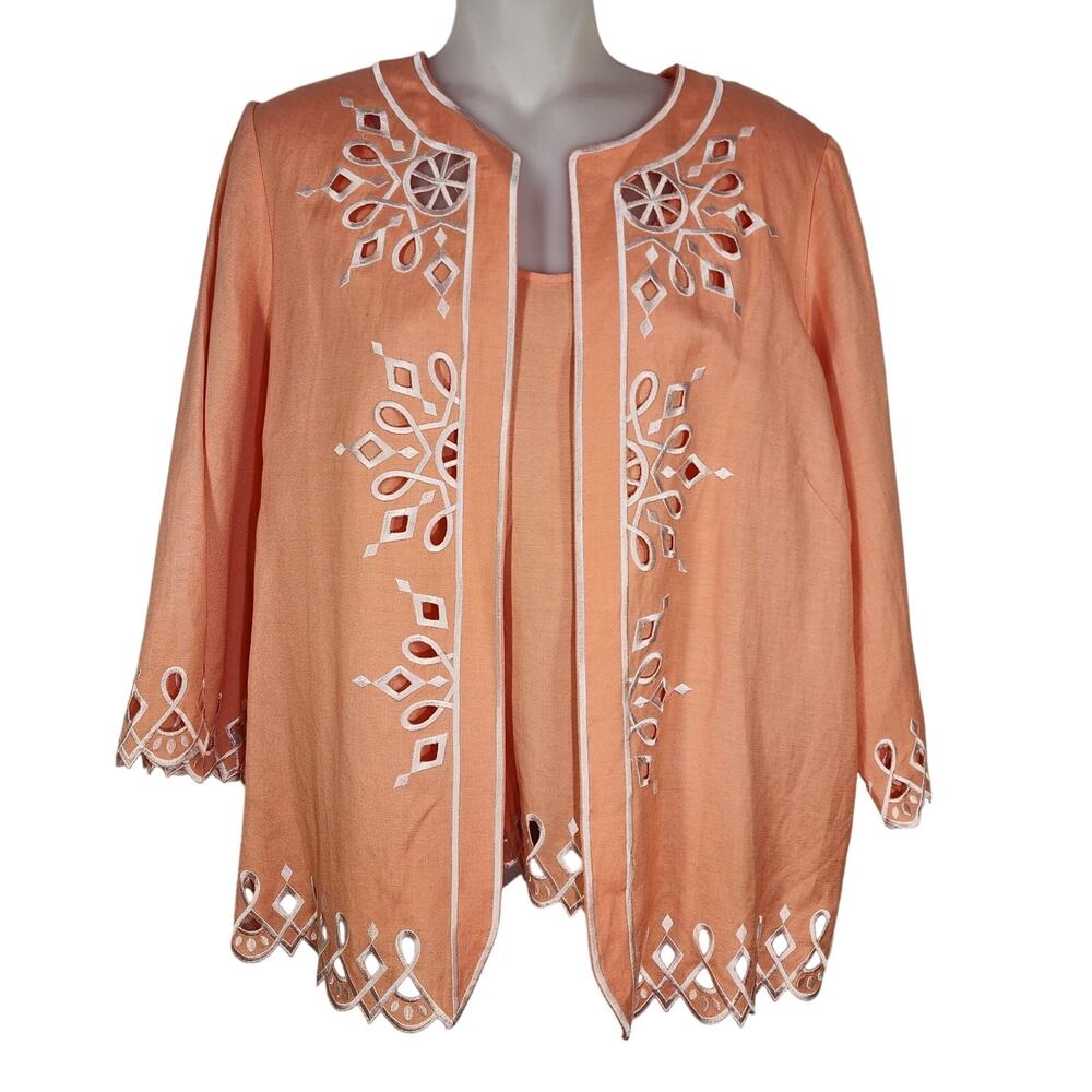 Bob Mackie Wearable Art 2 Pcs Set Jacket Shell Medium Linen Blend Embroidery Cut